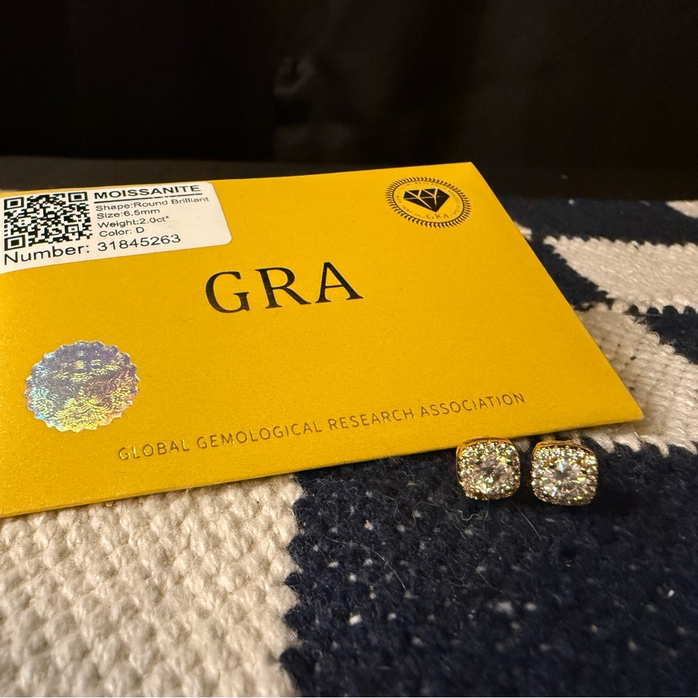 Moissanite Cushion Halo Stud Earrings in Yellow Gold